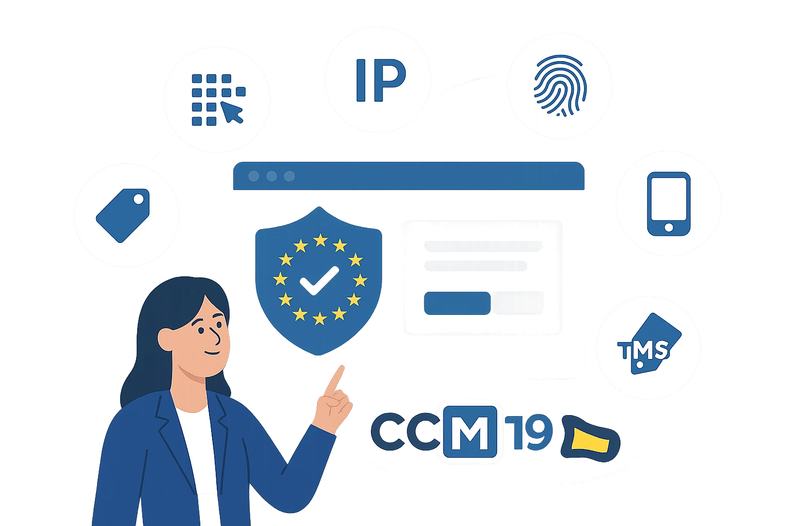 Illustrazione di una donna davanti a una finestra del browser con lo scudo per la privacy dell'UE e le icone per il tracciamento dei pixel, l'IP, l'impronta digitale, la gestione dei tag e il tracciamento dei dispositivi mobili - illustrazione della protezione GDPR estesa con CCM19