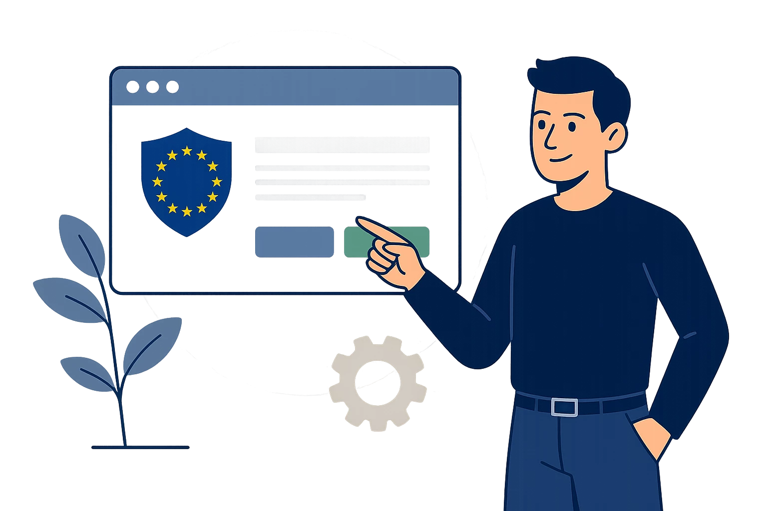 Illustrazione di un uomo davanti a un banner con cookie e scudo UE per la privacy, che illustra i vantaggi di CCM19 come alternativa europea a Quantcast