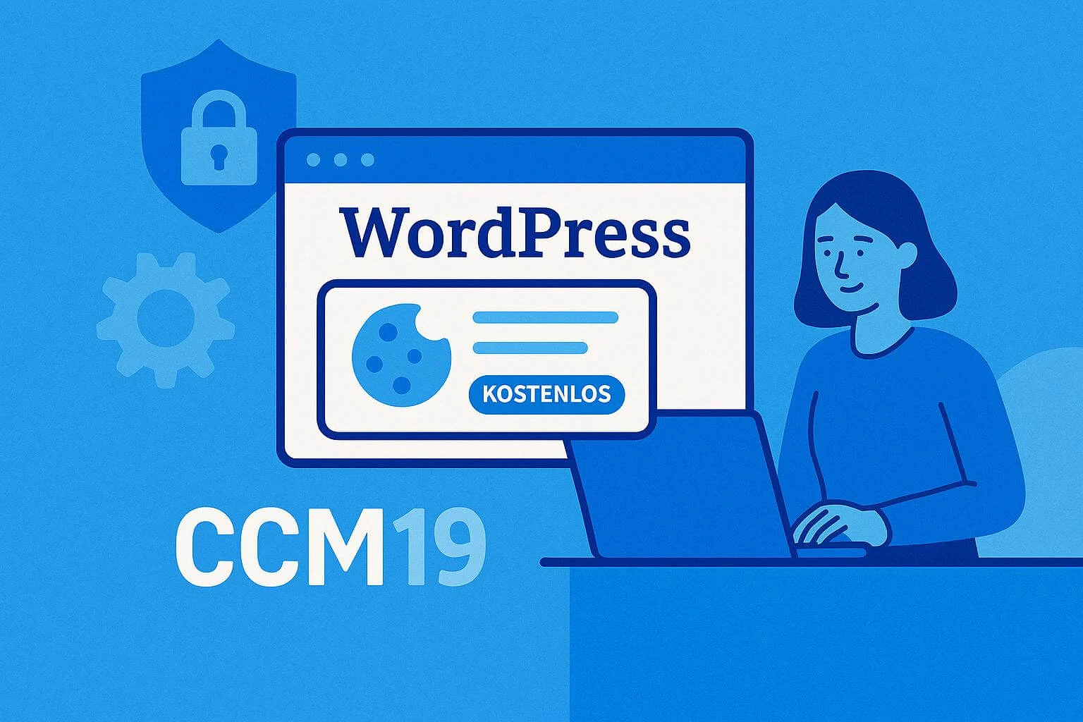 Flat design illustration for the free CCM19 cookie plugin for WordPress with cookie banner, woman on a laptop, data protection symbol and the words 'Free' in the banner
